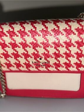 kate spade Pink & White Woven Houndstooth Crossbody with Chain